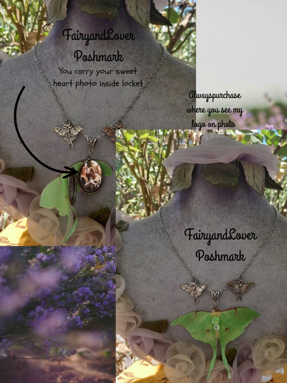 Fairy Luna moth butterfly silk organza keepsake locket photo frame necklace